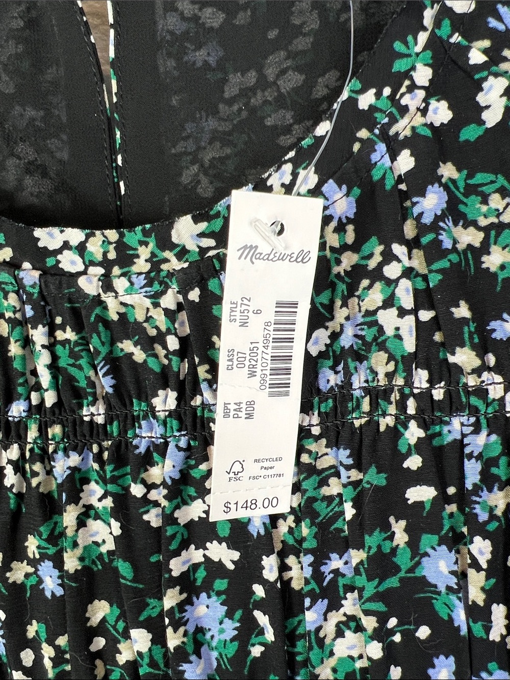 Madewell Black Midi Dress with Blue, Green & White Floral Print Smocked 6 - Picture 3 of 6